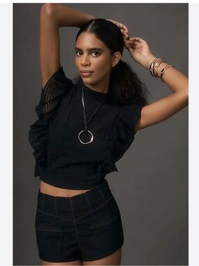 Anthropologie Black Ruffle-Sleeve Crop Top